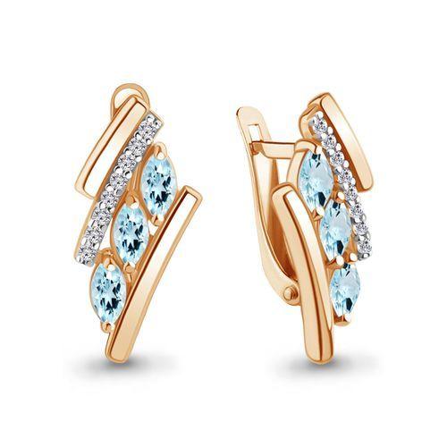 Серьги с английским замком Aquamarine, красное золото 585 проба, вставка фианит