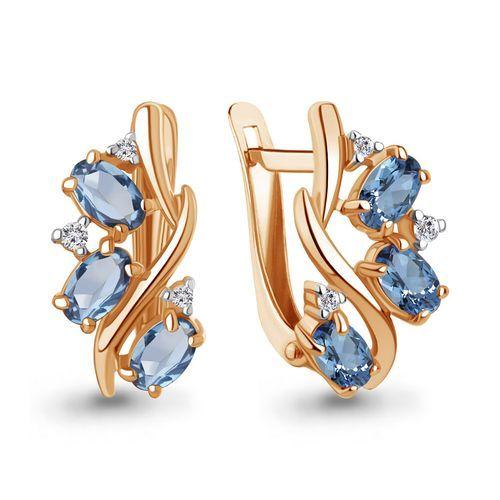 Серьги с английским замком Aquamarine, красное золото 585 проба, вставка фианит