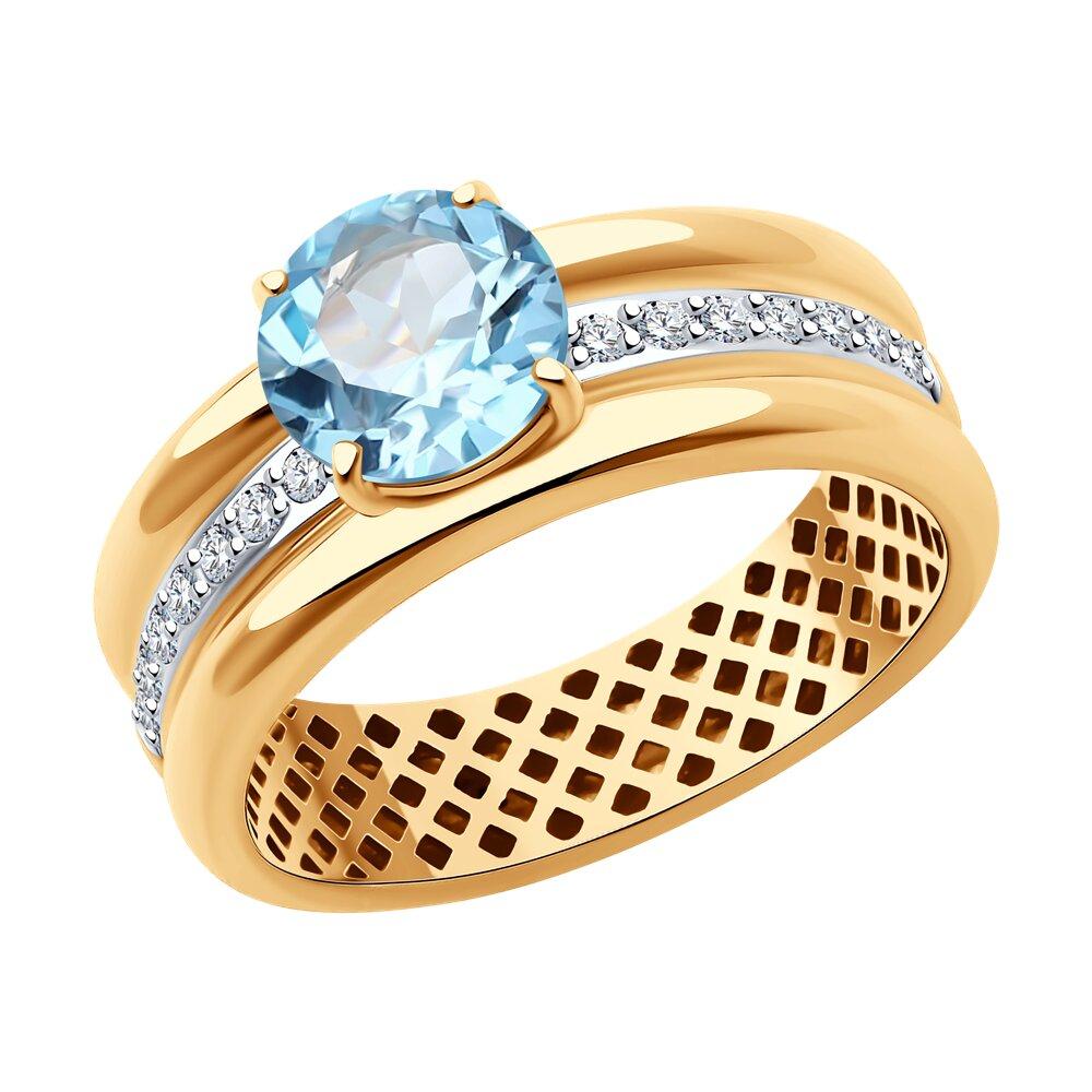 Кольцо декоративное, красное золото 585 проба, вставка фианит/топаз (Россия)