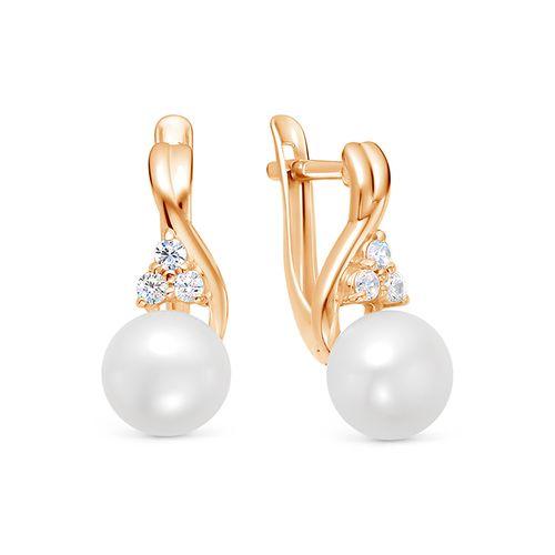 Серьги с английским замком Zlato, красное золото 585 проба, вставка фианит/жемчуг (Zlato, Россия)