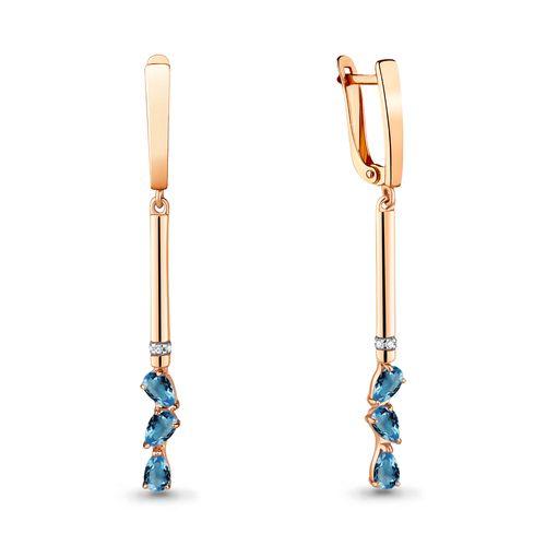 Серьги длинные Aquamarine, красное золото 585 проба, вставка фианит