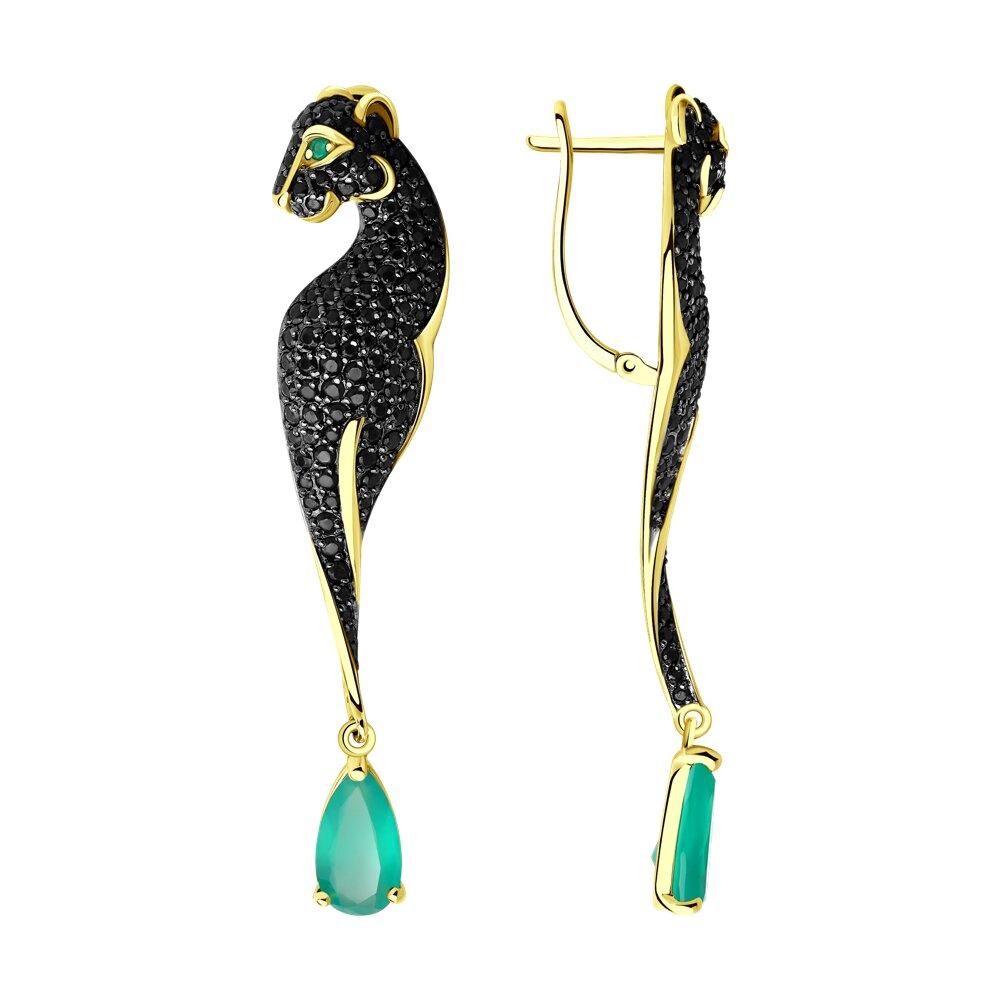 Серьги длинные, желтое золото 585 проба, вставка фианит/агат (Россия)