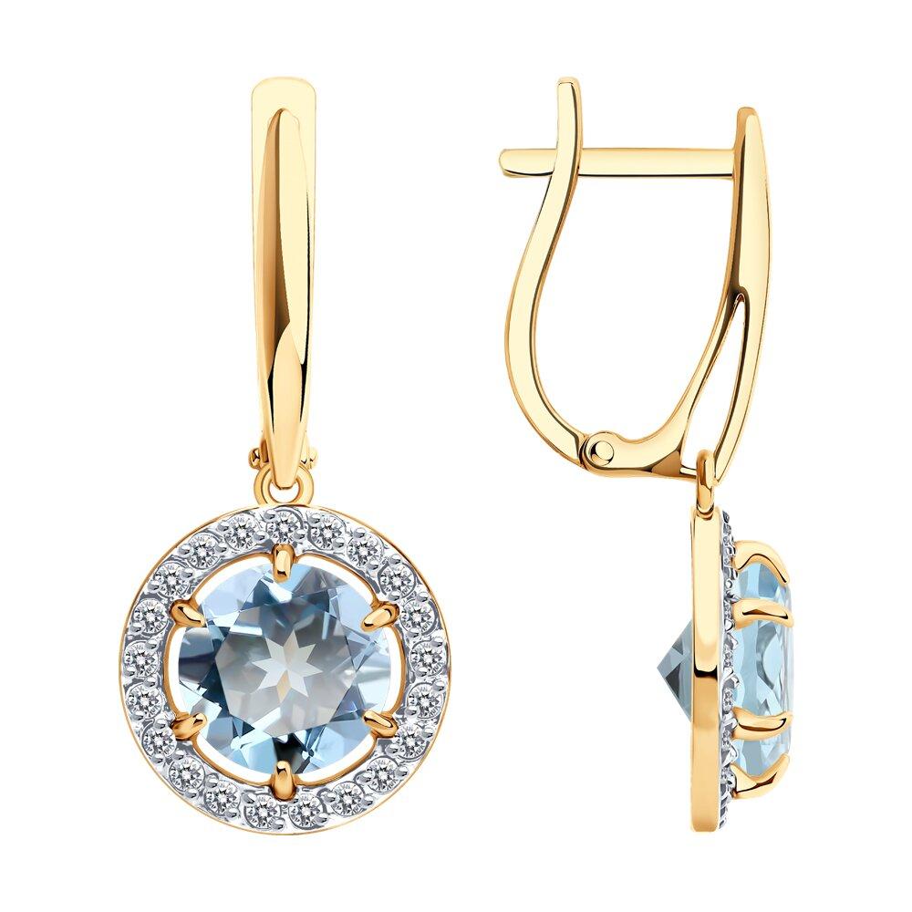 Серьги длинные, красное золото 585 проба, вставка фианит/топаз (Россия)