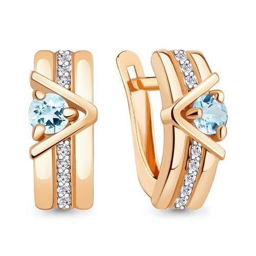 Серьги с английским замком Aquamarine, красное золото 585 проба, вставка фианит