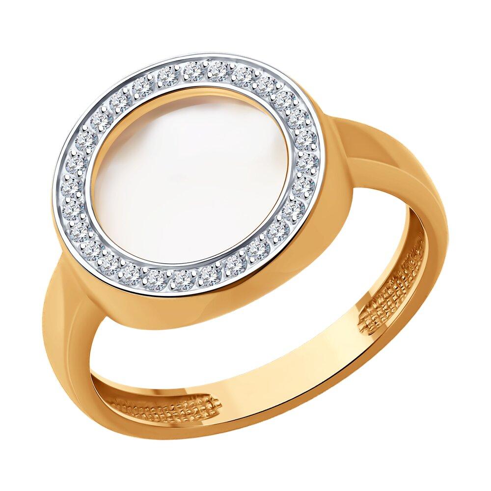 Кольцо декоративное, красное золото 585 проба, вставка фианит/перламутр (Россия)