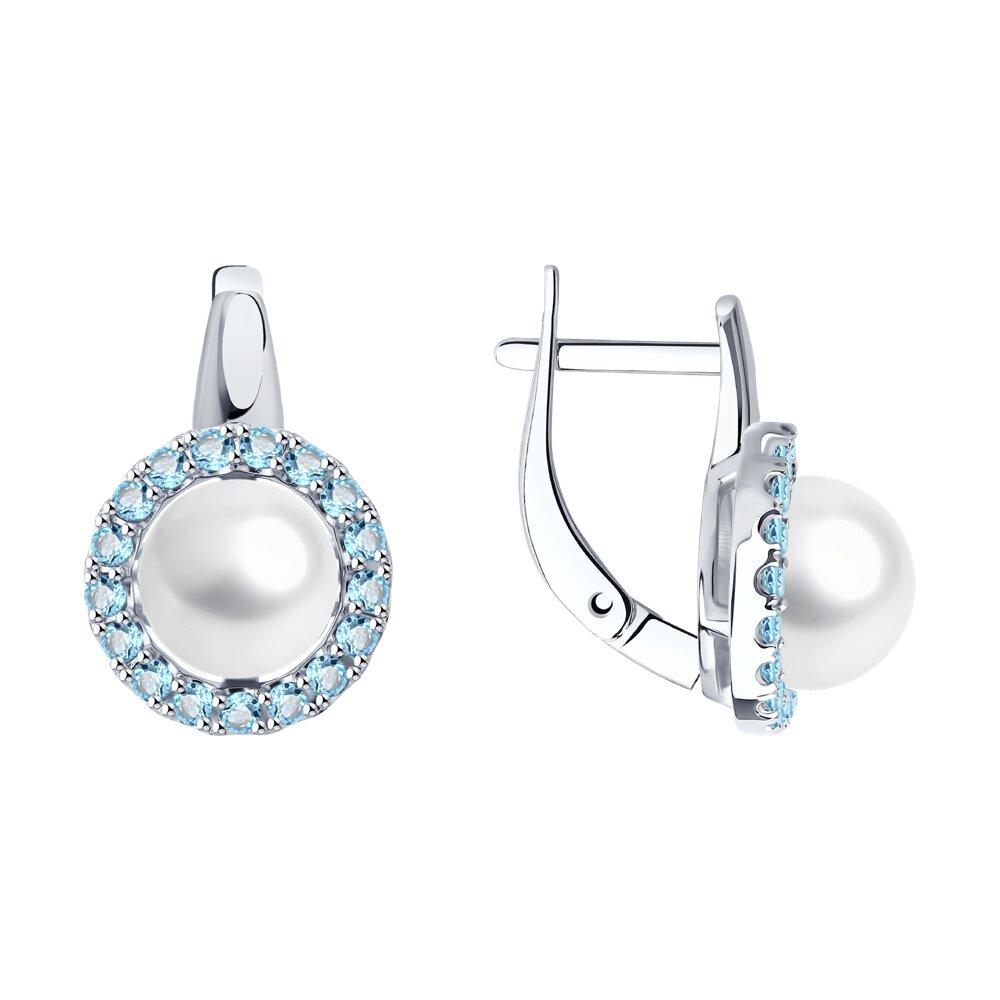 Серьги с английским замком, белое золото 585 проба, вставка жемчуг/топаз (Россия)