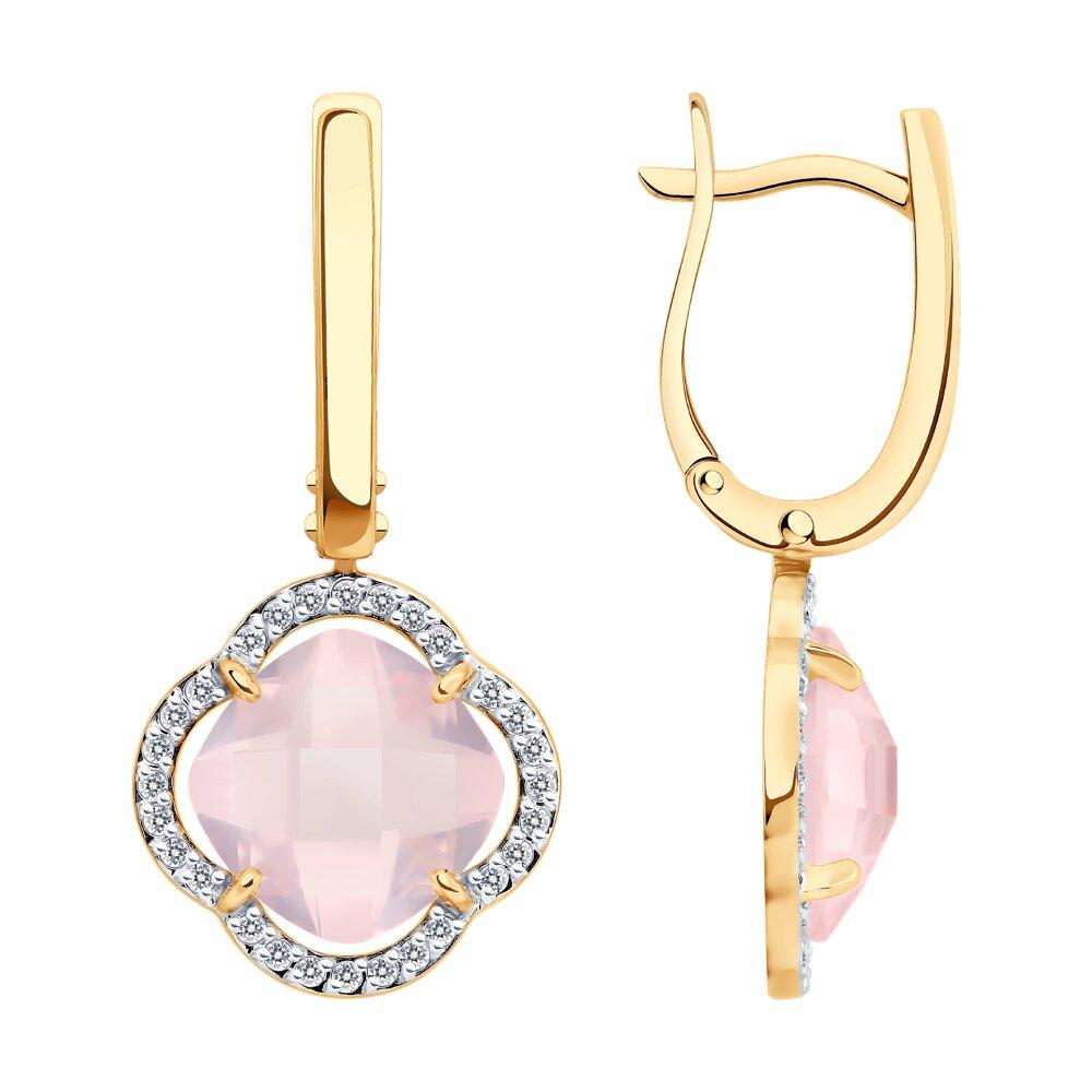 Серьги длинные, красное золото 585 проба, вставка фианит/кварц (Россия)