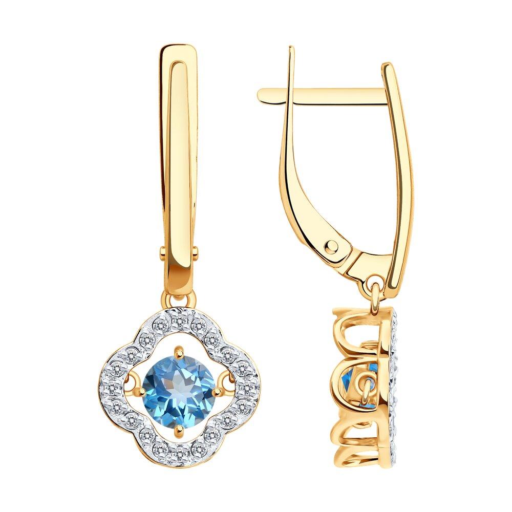 Серьги длинные, красное золото 585 проба, вставка фианит/топаз (Россия)