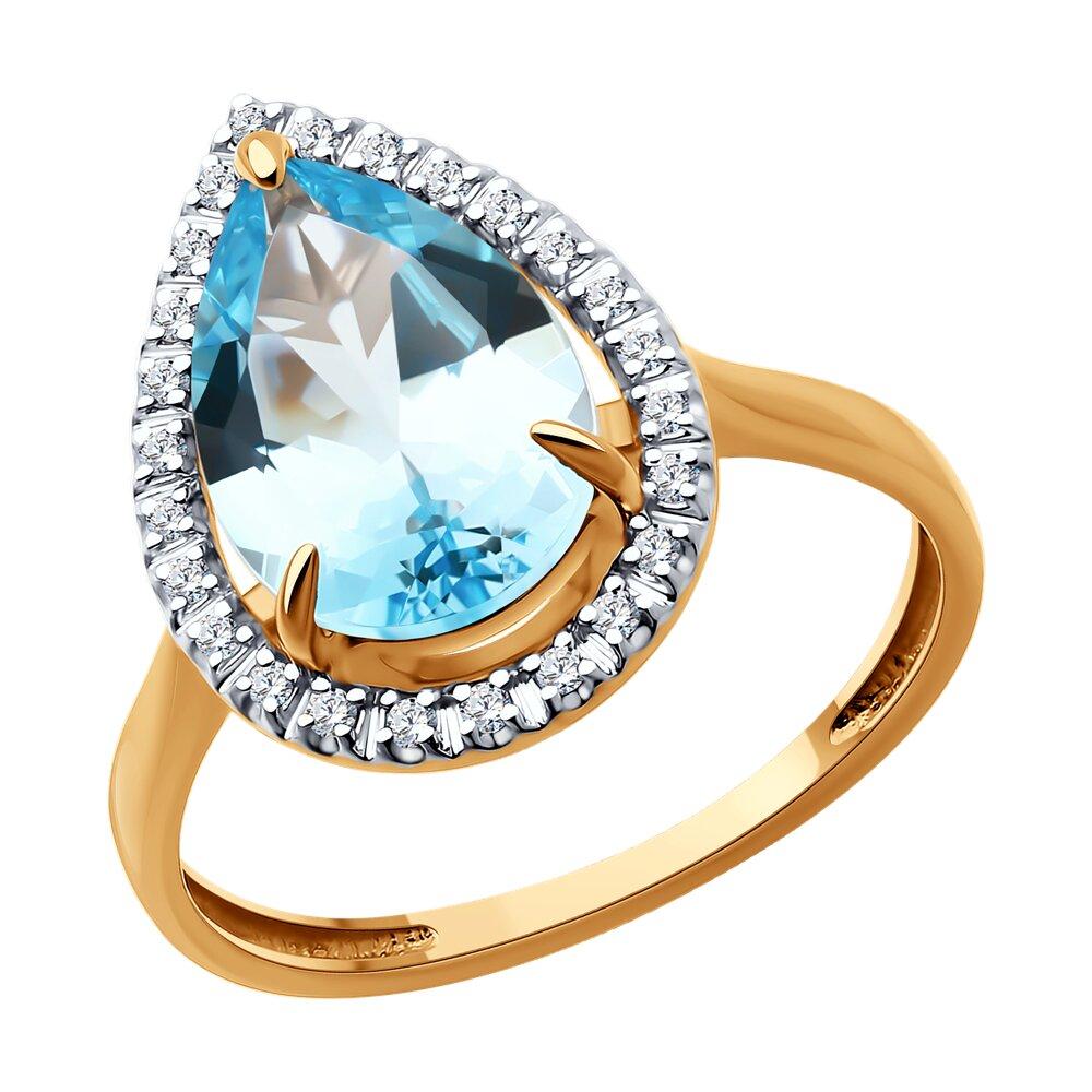 Кольцо декоративное, красное золото 585 проба, вставка фианит/топаз (Россия)