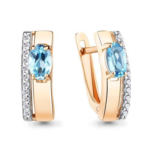 Серьги с английским замком Aquamarine, красное золото 585 проба, вставка фианит