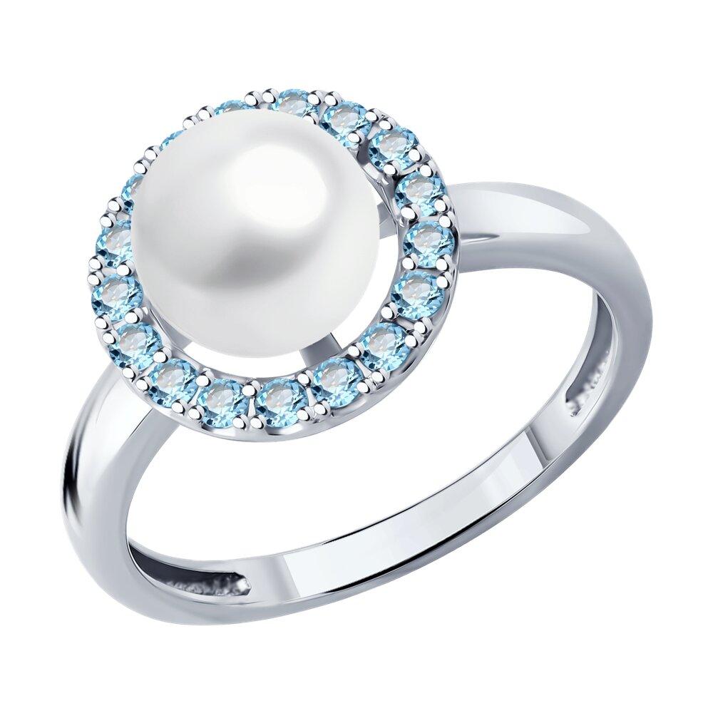 Кольцо декоративное, белое золото 585 проба, вставка жемчуг/топаз