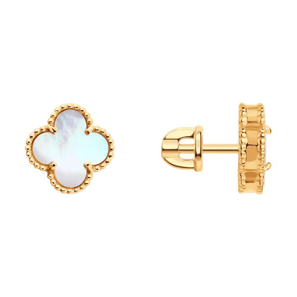 Серьги пусеты, красное золото 585 проба, вставка перламутр (Россия)