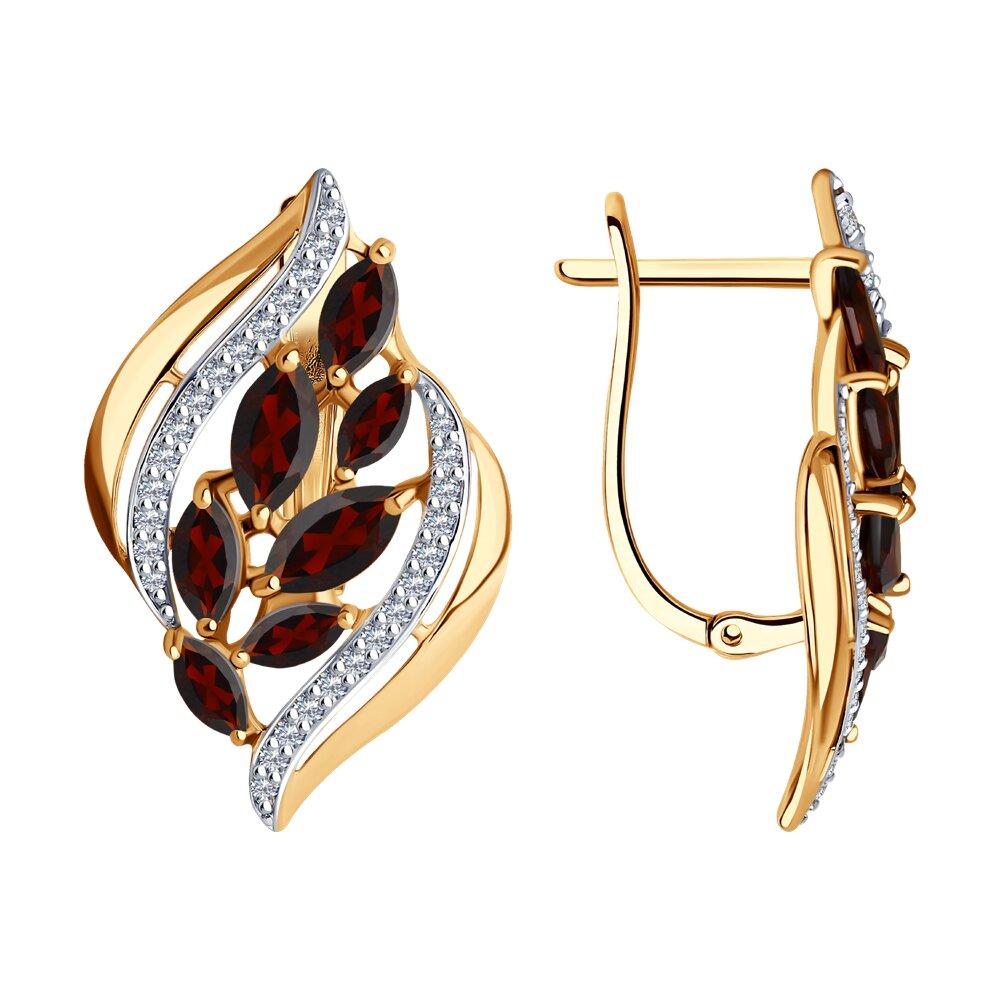 Серьги с английским замком, красное золото 585 проба, вставка фианит/гранат (Россия)