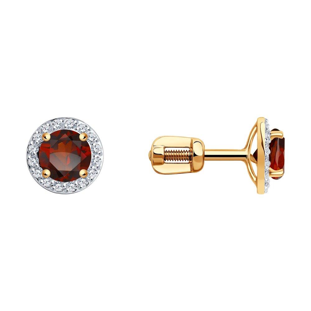 Серьги пусеты SOKOLOV, красное золото 585 проба, вставка фианит/гранат (SOKOLOV, Россия)