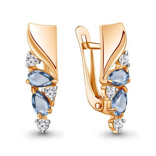 Серьги с английским замком Aquamarine, красное золото 585 проба, вставка фианит