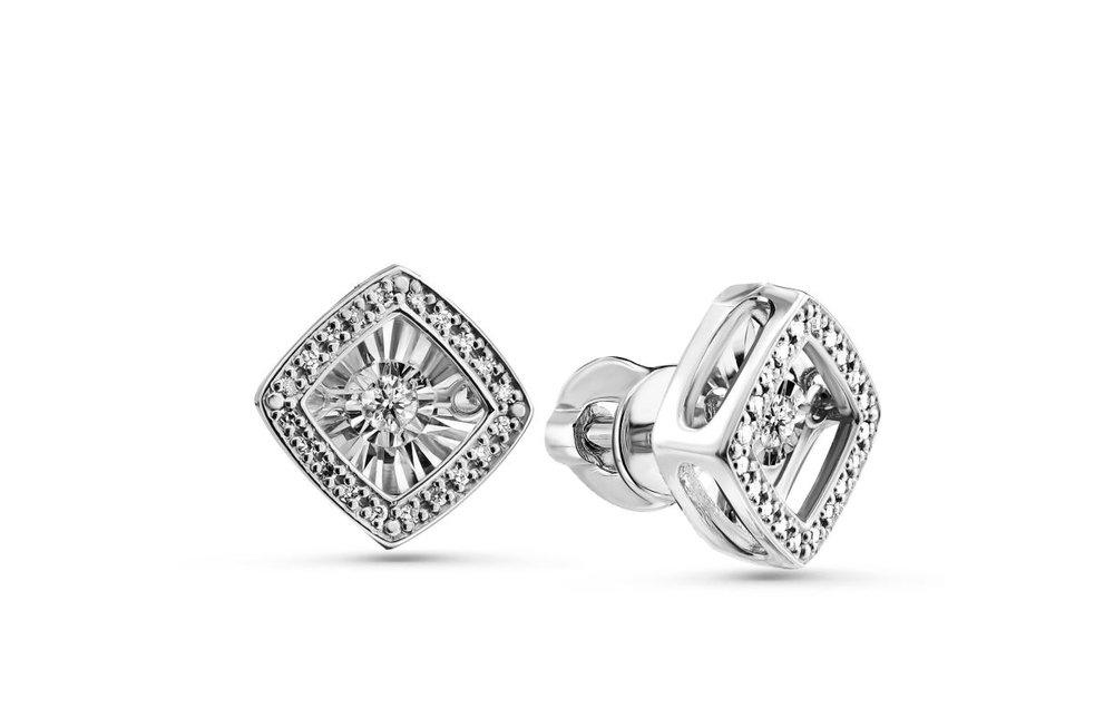 Серьги пусеты Grigoriev, белое золото 585 проба, вставка бриллиант