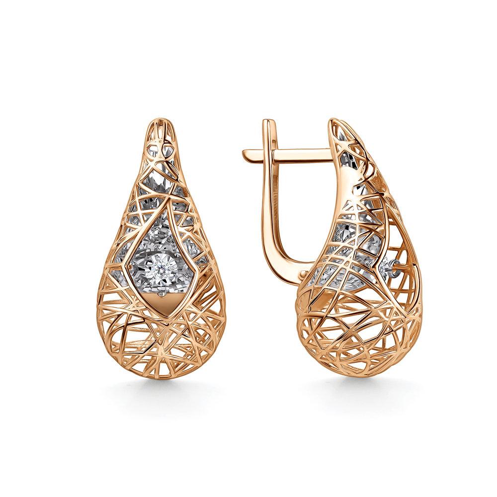 Серьги с английским замком Grigoriev, красное золото 585 проба, вставка бриллиант