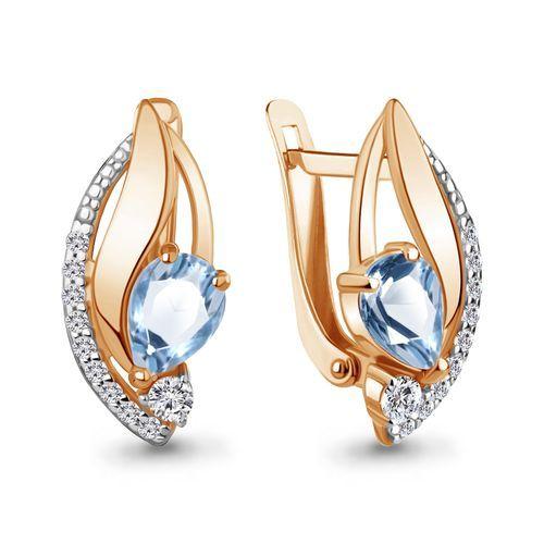 Серьги с английским замком Aquamarine, красное золото 585 проба, вставка фианит