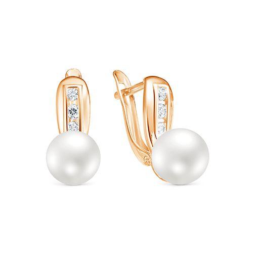 Серьги с английским замком Zlato, красное золото 585 проба, вставка фианит/жемчуг (Zlato, Россия)