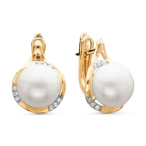 Серьги с английским замком Zlato, красное золото 585 проба, вставка фианит/жемчуг (Zlato, Россия)