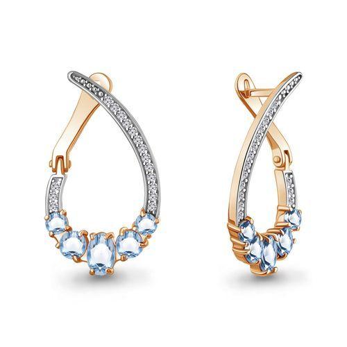 Серьги длинные Aquamarine, красное золото 585 проба, вставка фианит