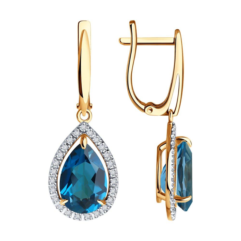 Серьги длинные Diamant, красное золото 585 проба, вставка фианит/топаз