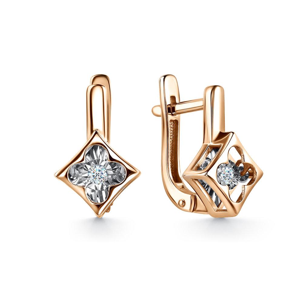 Серьги с английским замком Grigoriev, красное золото 585 проба, вставка бриллиант