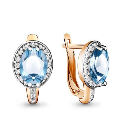 Серьги с английским замком Aquamarine, красное золото 585 проба, вставка фианит