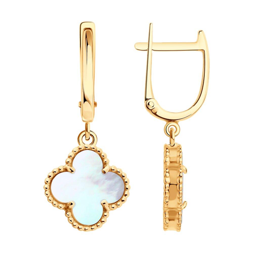 Серьги длинные, красное золото 585 проба, вставка перламутр (Россия)