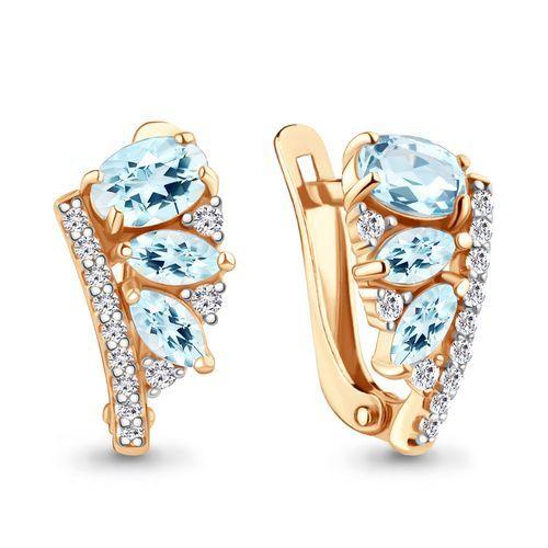 Серьги с английским замком Aquamarine, красное золото 585 проба, вставка фианит